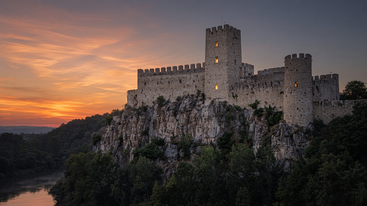 Cetatea spre seară, cu ferestre luminate